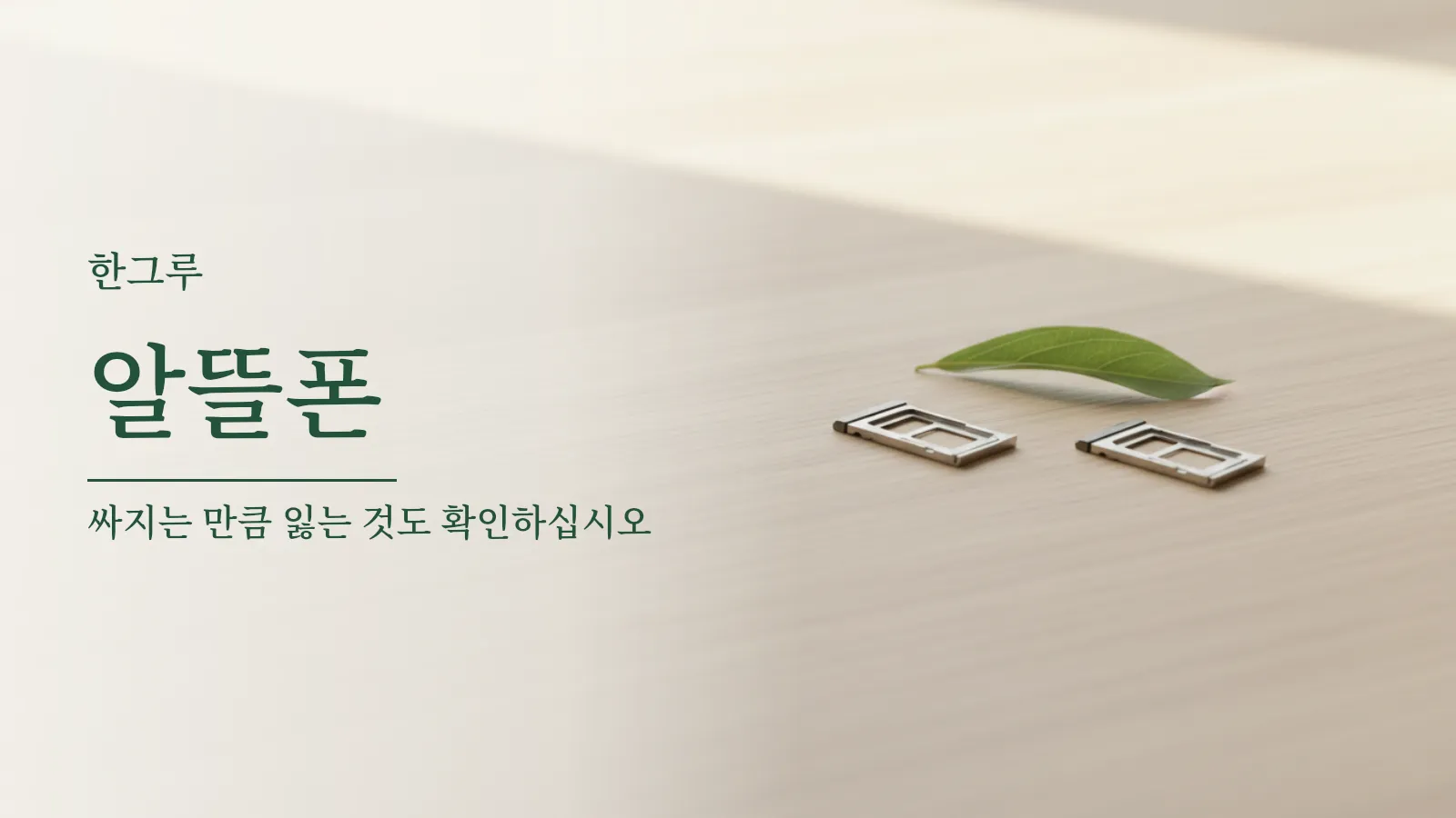 나무 탁자 위에 나란히 놓인 두 개의 빈 유심 카드 트레이와 초록 잎