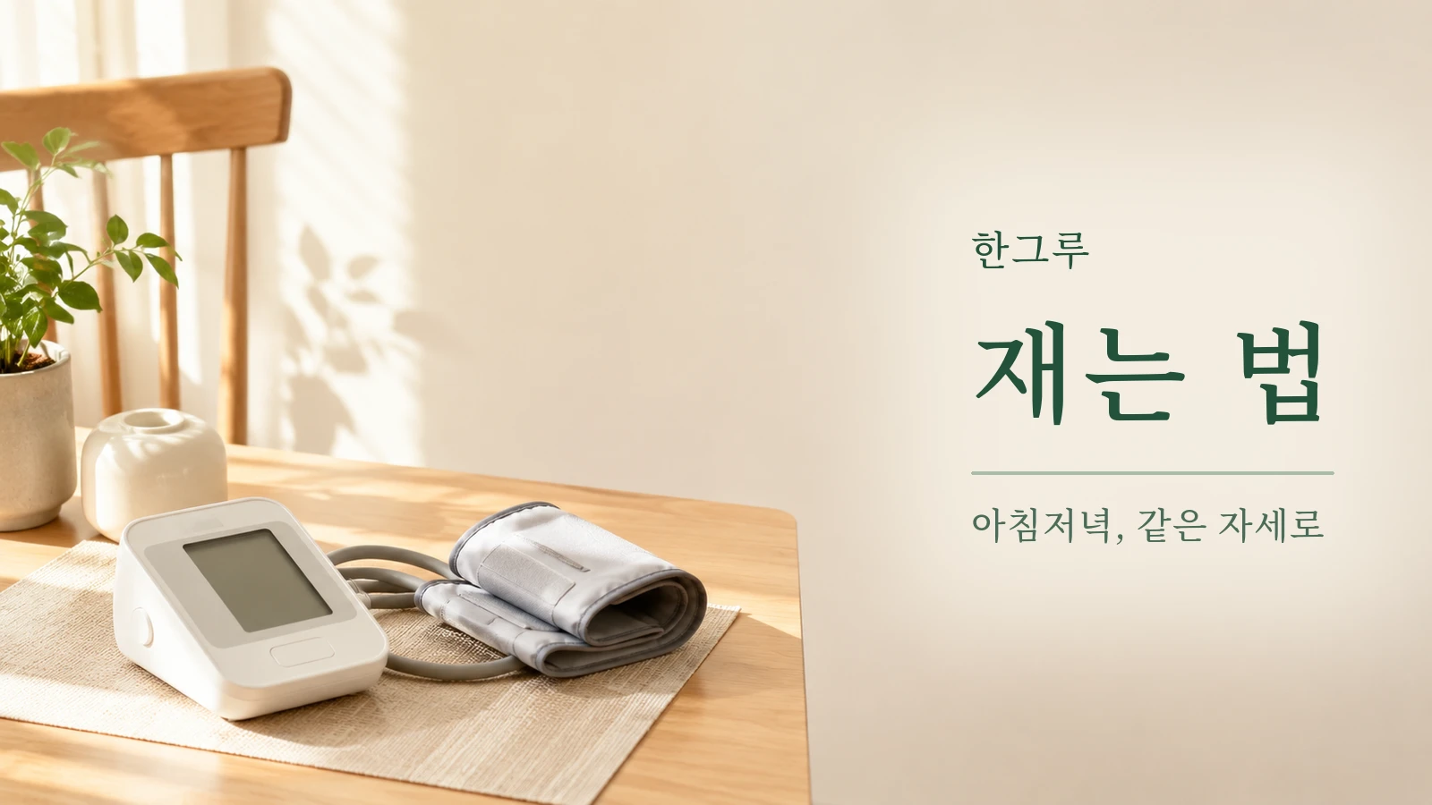 아침 햇살이 드는 탁자 위 전자혈압계와 커프
