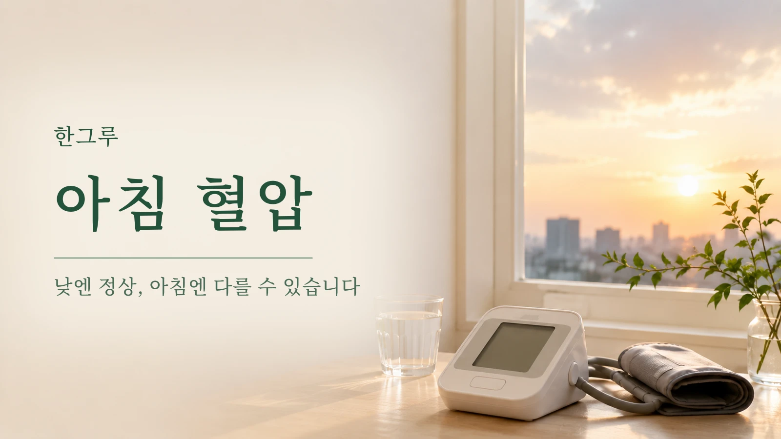 여명이 보이는 창가 탁자 위 전자혈압계와 물 한 컵