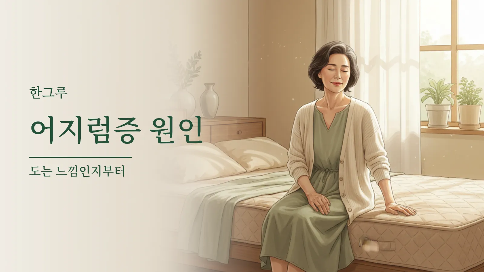 아침에 침대 가장자리에 앉아 잠시 눈을 감고 있는 노년 여성