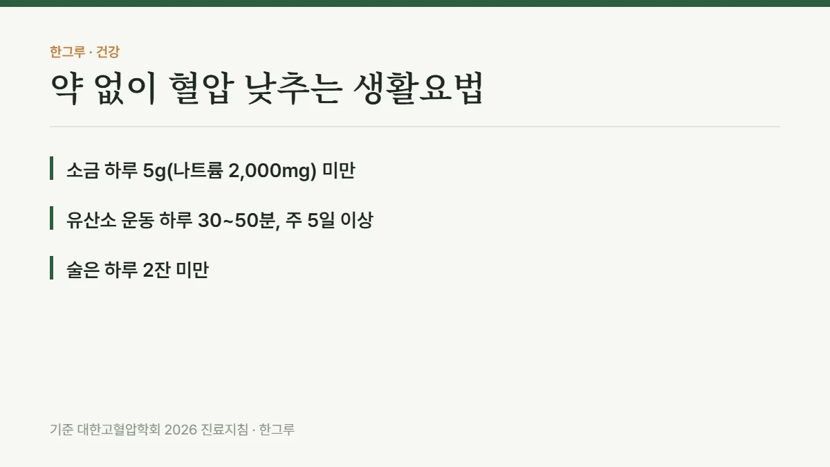 약 없이 혈압 낮추는 법, 무엇을 얼마나 바꾸면 몇 내려가나 — 핵심 요약: 소금 하루 5g(나트륨 2,000mg) 미만, 유산소 운동 하루 30~50분, 주 5일 이상, 술은 하루 2잔 미만
