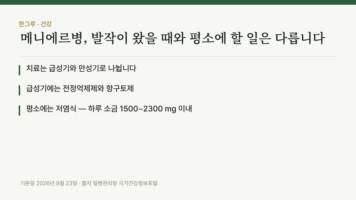 메니에르병, 발작이 왔을 때와 평소에 할 일은 다릅니다 — 핵심 요약: 치료는 급성기와 만성기로 나뉩니다 · 급성기에는 전정억제제와 항구토제 · 평소에는 저염식 — 하루 소금 1500~2300 mg 이내