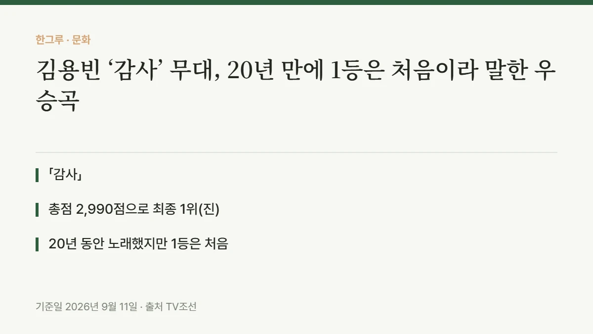 김용빈 ‘감사’ 무대, 20년 만에 1등은 처음이라 말한 우승곡 — 핵심 요약