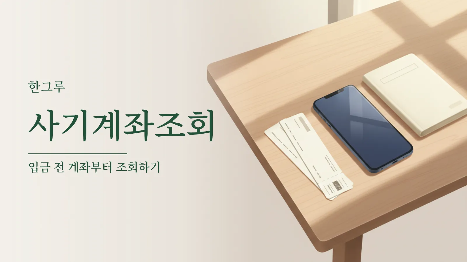 나무 탁자 위에 엎어 둔 휴대전화와 글씨 없는 종이 표 두 장, 통장이 놓인 모습