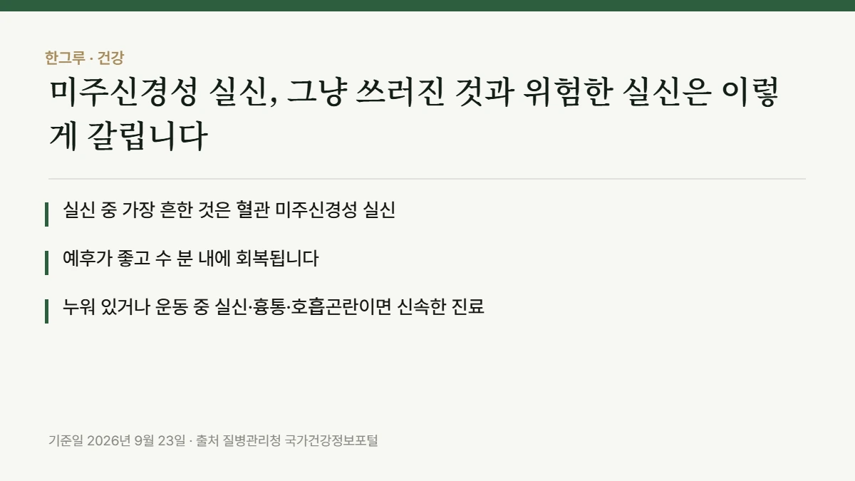 미주신경성 실신, 그냥 쓰러진 것과 위험한 실신은 이렇게 갈립니다 — 핵심 요약: 실신 중 가장 흔한 것은 혈관 미주신경성 실신 · 예후가 좋고 수 분 내에 회복됩니다 · 누워 있거나 운동 중 실신·흉통·호흡곤란이면 신속한 진료