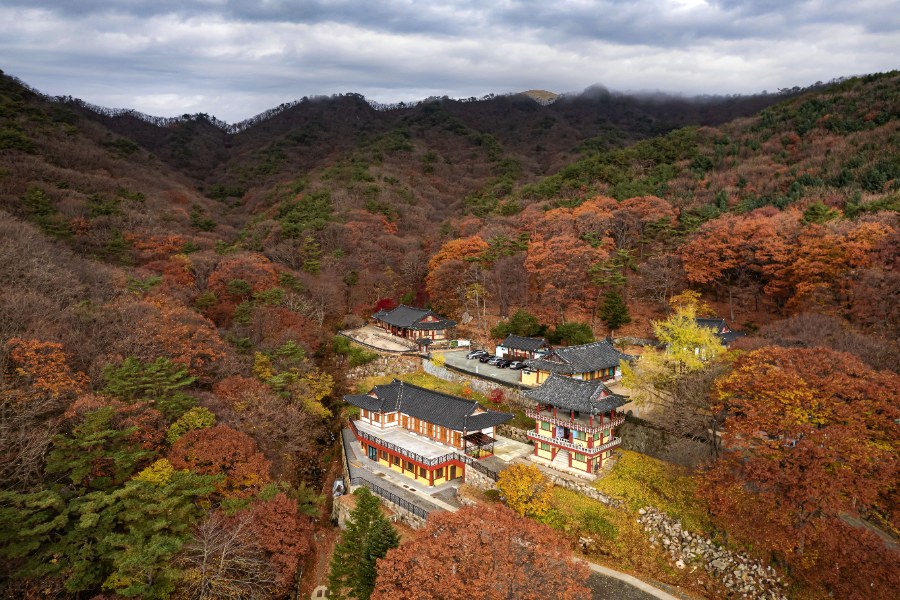 단풍 든 팔공산 자락의 절집 전경